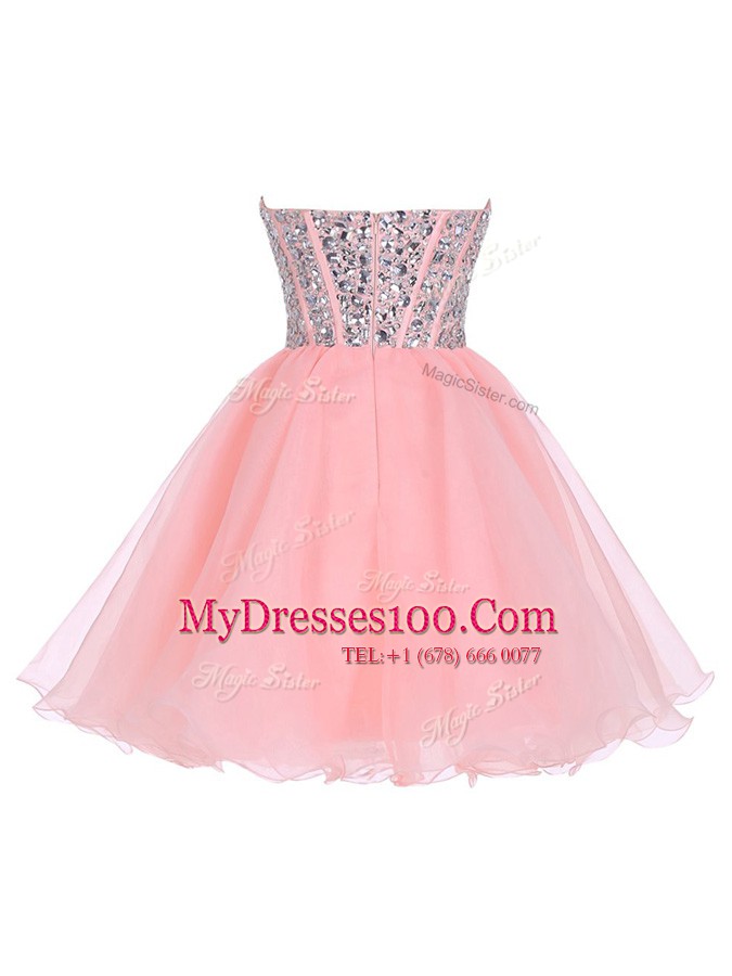 Sweetheart Sleeveless Evening Dress Mini Length Beading and Ruffled Layers Pink Organza