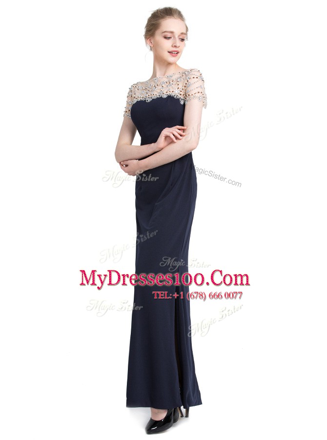 Fine Chiffon Bateau Short Sleeves Zipper Beading Mother Of The Bride Dress in Black