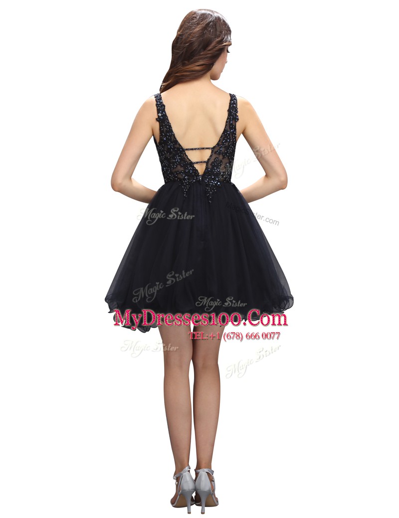 Eye-catching Organza V-neck Sleeveless Criss Cross Beading Prom Dress in Black