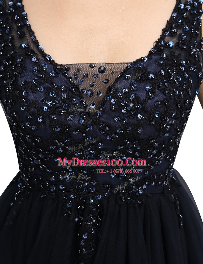 Eye-catching Organza V-neck Sleeveless Criss Cross Beading Prom Dress in Black