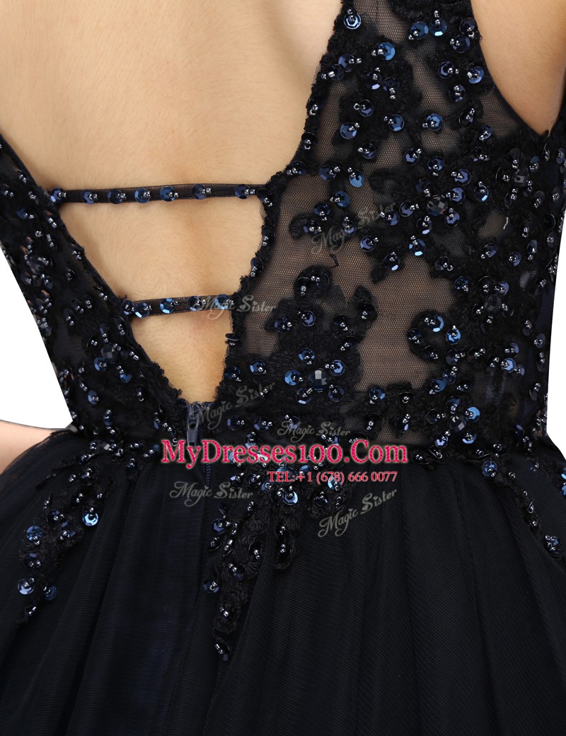 Eye-catching Organza V-neck Sleeveless Criss Cross Beading Prom Dress in Black