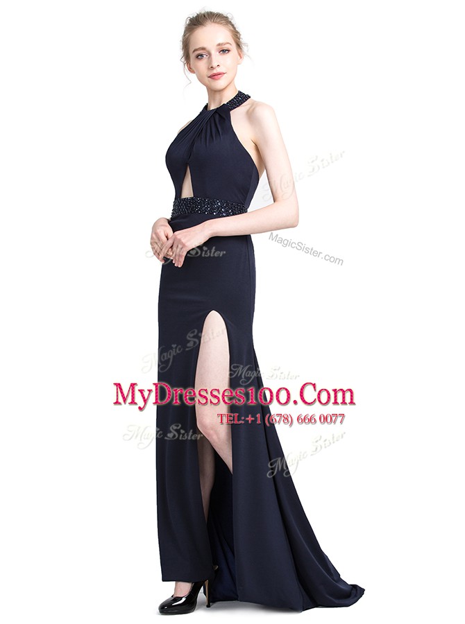 Sweet Halter Top Sleeveless Brush Train Backless Evening Dress Black Elastic Woven Satin