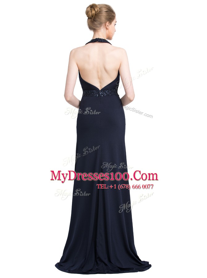 Sweet Halter Top Sleeveless Brush Train Backless Evening Dress Black Elastic Woven Satin