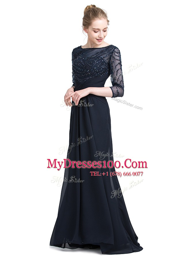 High End Black 3 4 Length Sleeve Floor Length Beading Zipper Prom Dresses