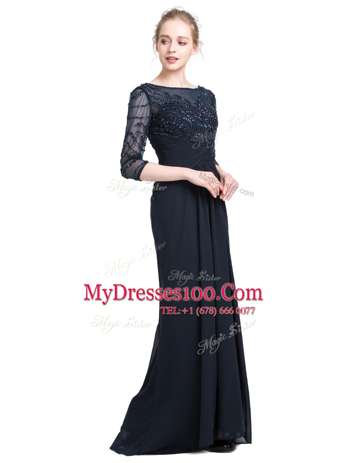 High End Black 3 4 Length Sleeve Floor Length Beading Zipper Prom Dresses