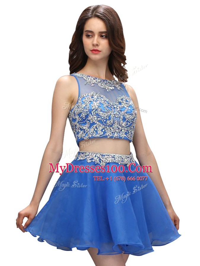 Scoop Blue Sleeveless Beading Mini Length Prom Party Dress