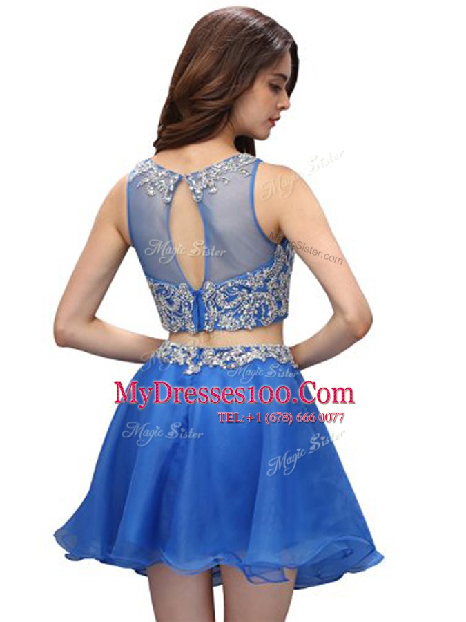 Scoop Blue Sleeveless Beading Mini Length Prom Party Dress