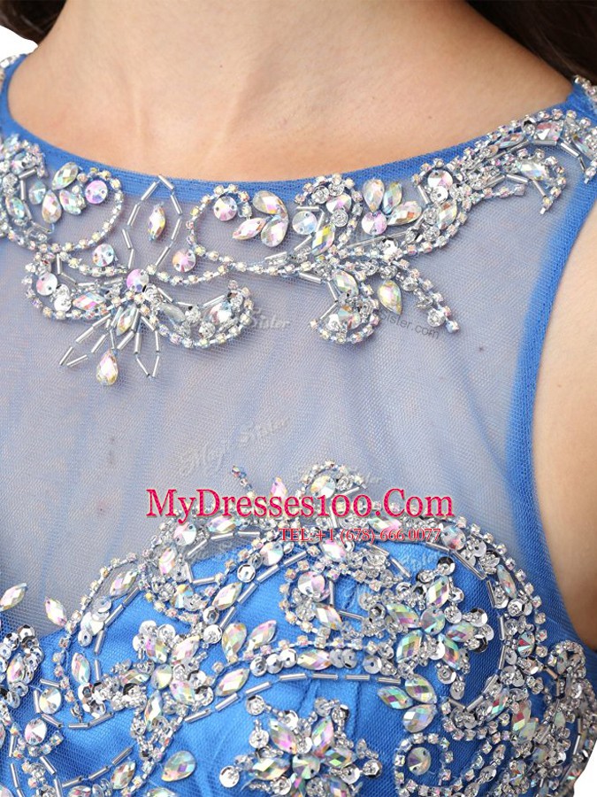 Scoop Blue Sleeveless Beading Mini Length Prom Party Dress