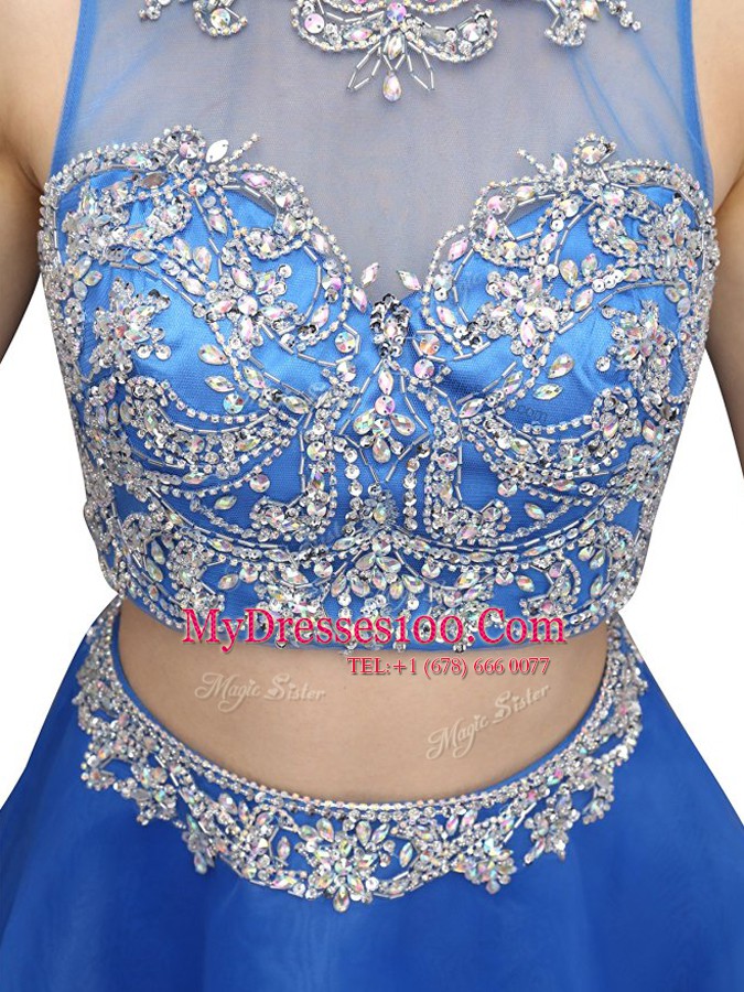 Scoop Blue Sleeveless Beading Mini Length Prom Party Dress