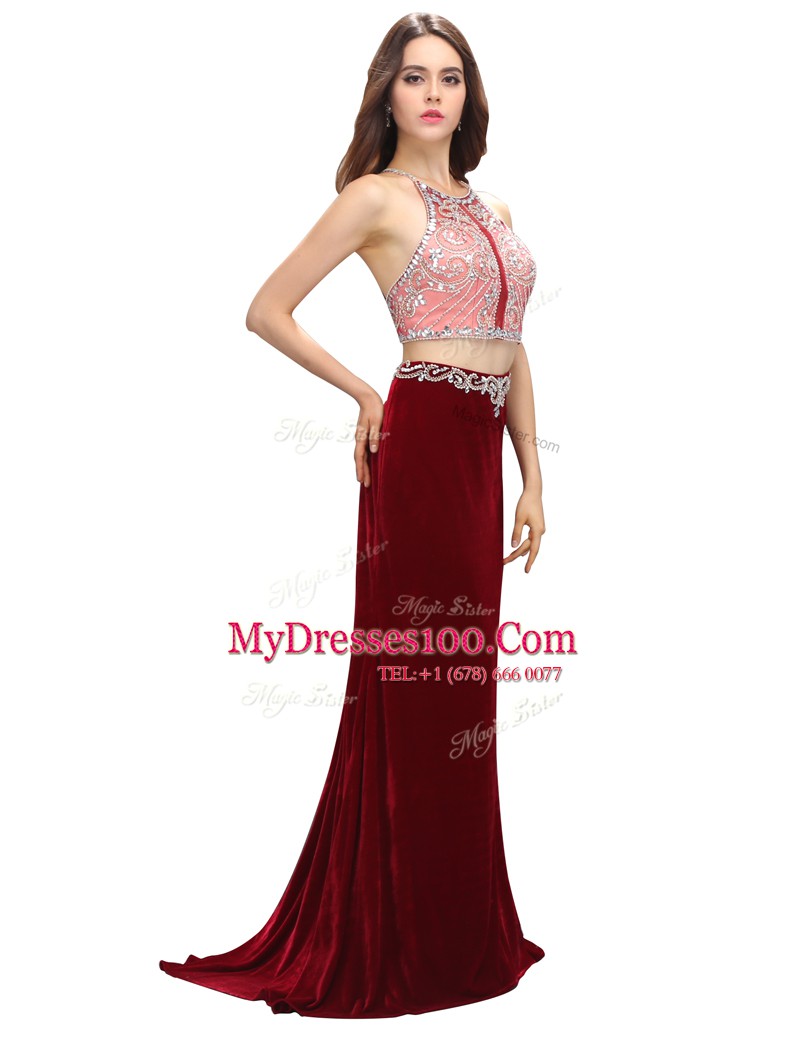 Custom Fit Elastic Woven Satin Scoop Sleeveless Sweep Train Criss Cross Beading and Appliques Prom Gown in Burgundy