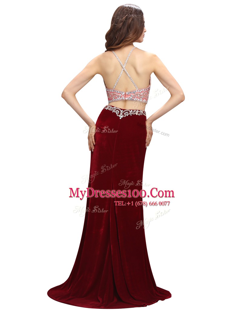 Custom Fit Elastic Woven Satin Scoop Sleeveless Sweep Train Criss Cross Beading and Appliques Prom Gown in Burgundy
