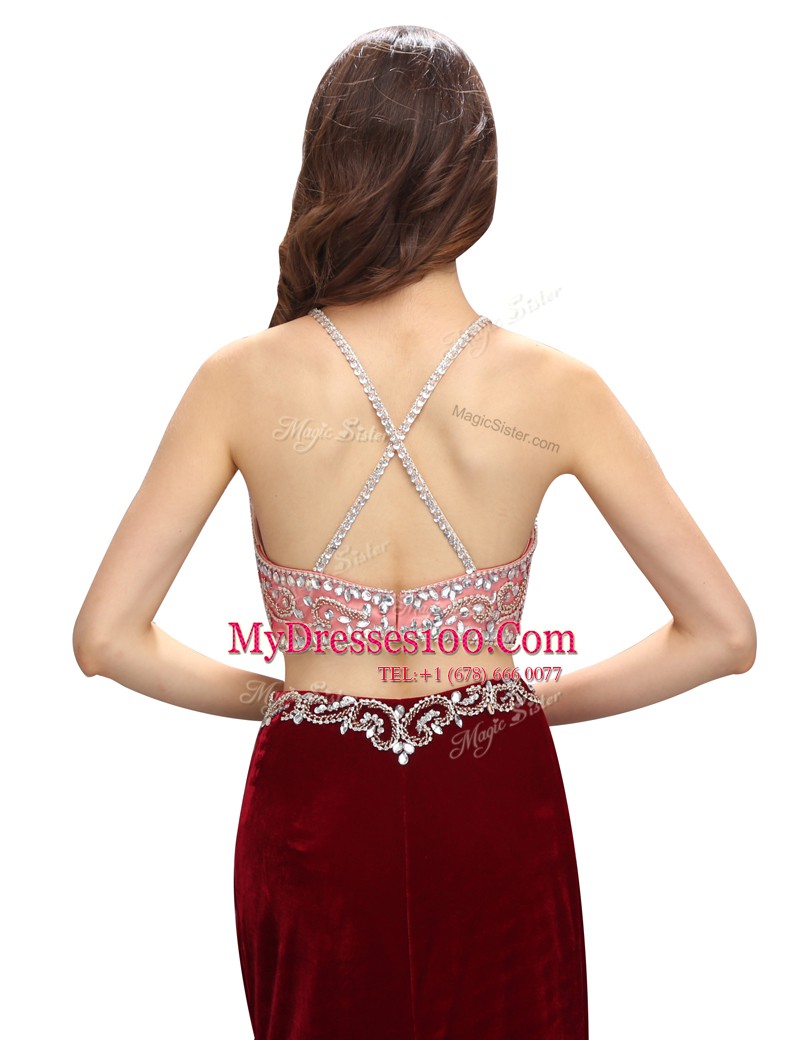 Custom Fit Elastic Woven Satin Scoop Sleeveless Sweep Train Criss Cross Beading and Appliques Prom Gown in Burgundy