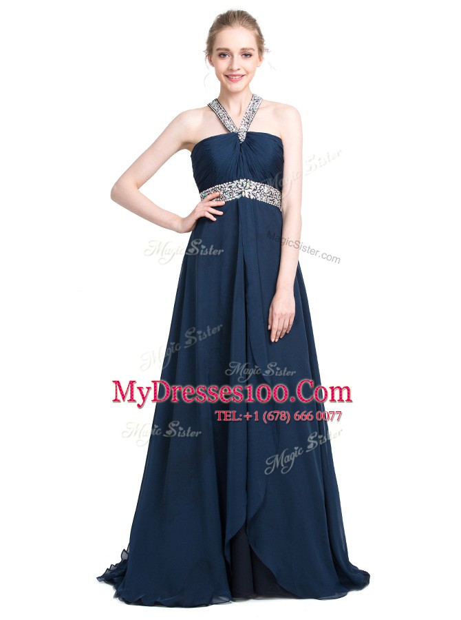 Designer Blue Chiffon Backless Strapless Sleeveless Floor Length Prom Dress Beading