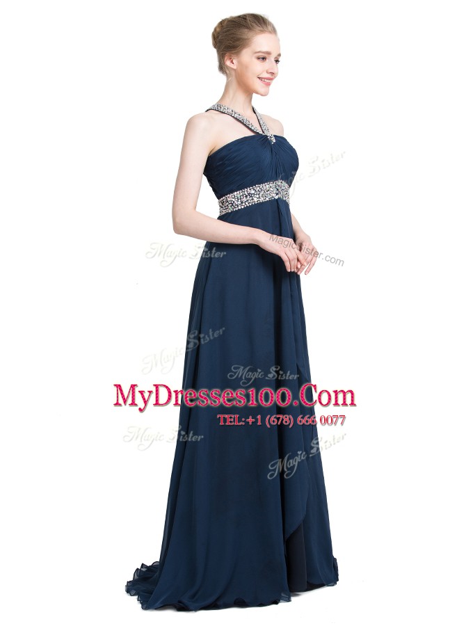 Designer Blue Chiffon Backless Strapless Sleeveless Floor Length Prom Dress Beading