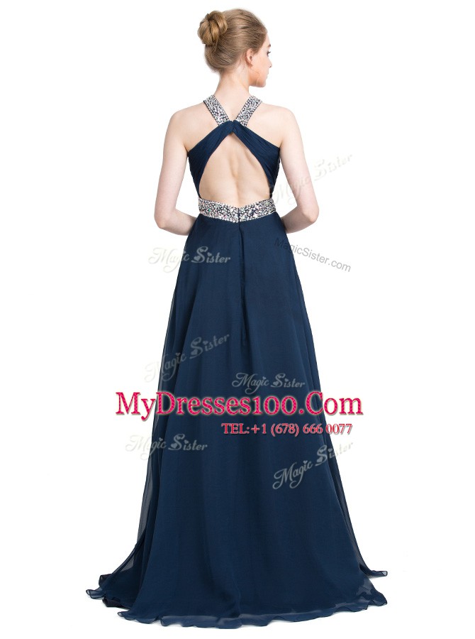 Designer Blue Chiffon Backless Strapless Sleeveless Floor Length Prom Dress Beading