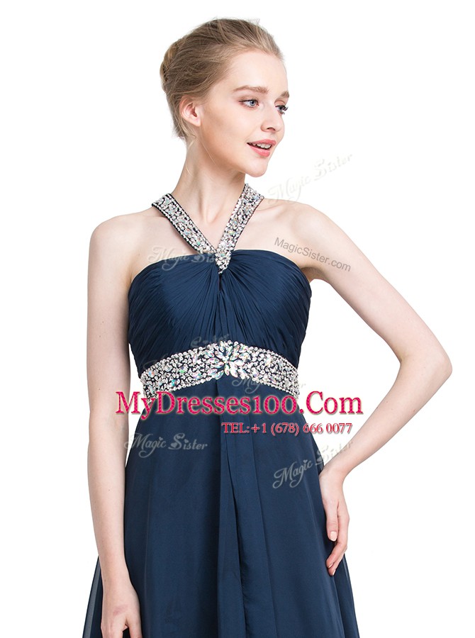 Designer Blue Chiffon Backless Strapless Sleeveless Floor Length Prom Dress Beading