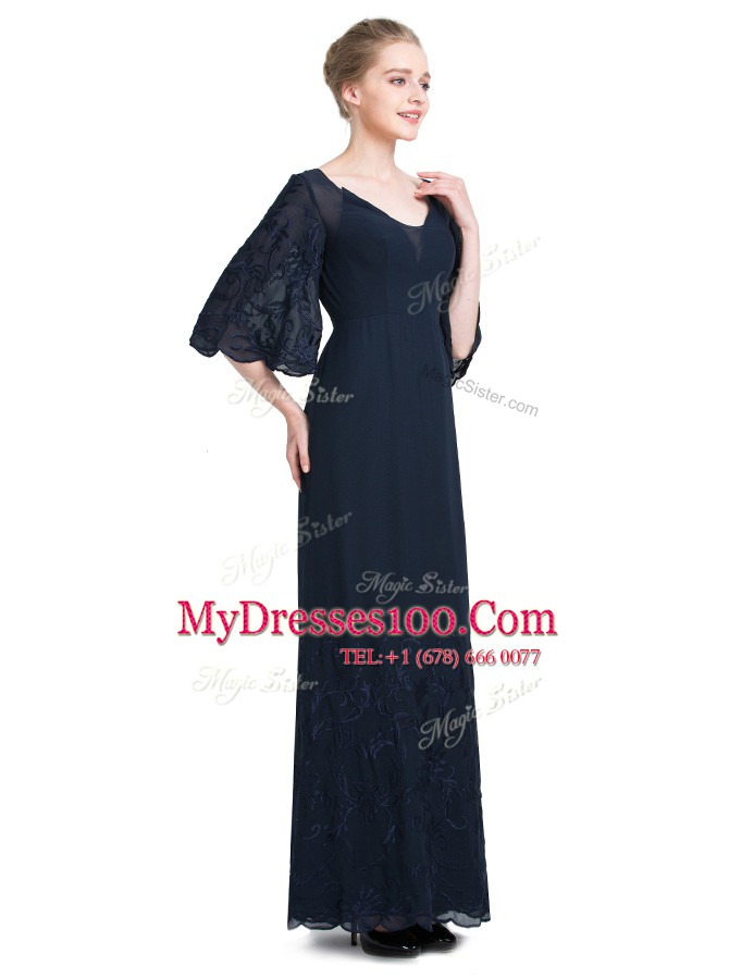 Glorious Floor Length Navy Blue Homecoming Dress V-neck Half Sleeves Zipper