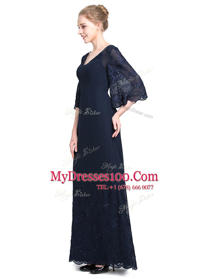 Glorious Floor Length Navy Blue Homecoming Dress V-neck Half Sleeves Zipper