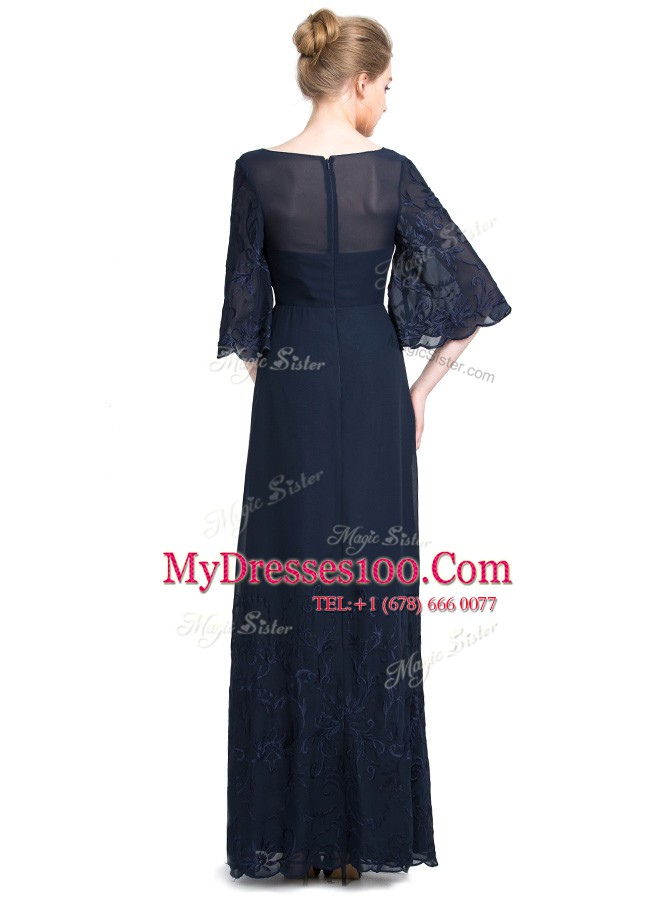 Glorious Floor Length Navy Blue Homecoming Dress V-neck Half Sleeves Zipper