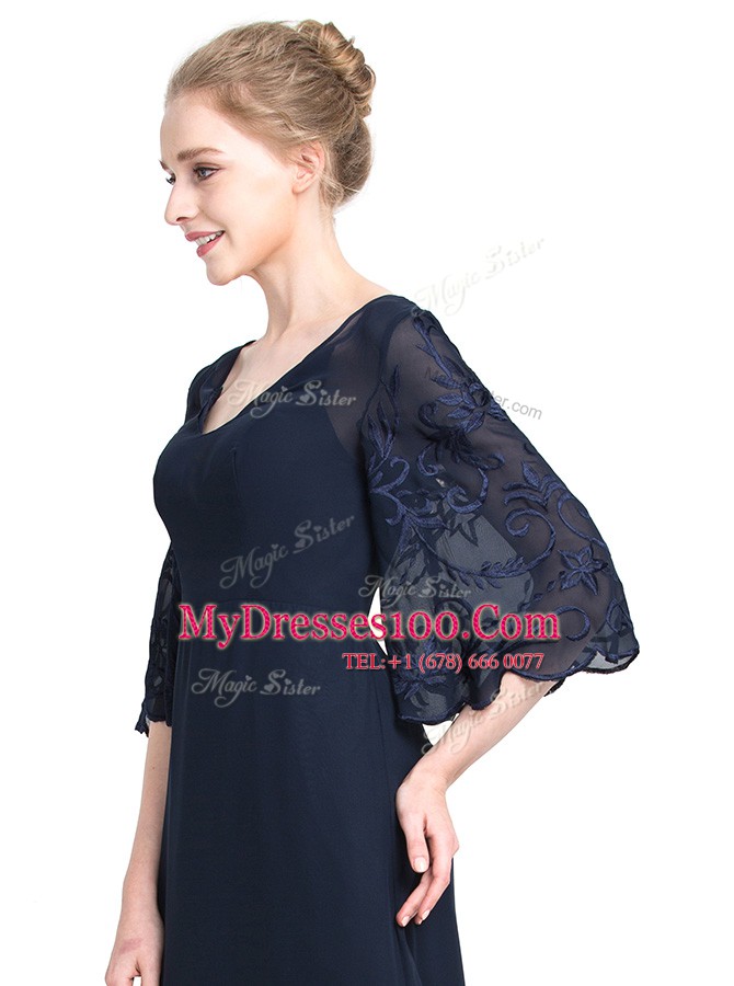 Glorious Floor Length Navy Blue Homecoming Dress V-neck Half Sleeves Zipper