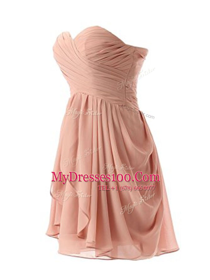 Fabulous Pink Column/Sheath Ruching Prom Party Dress Lace Up Chiffon Sleeveless Mini Length