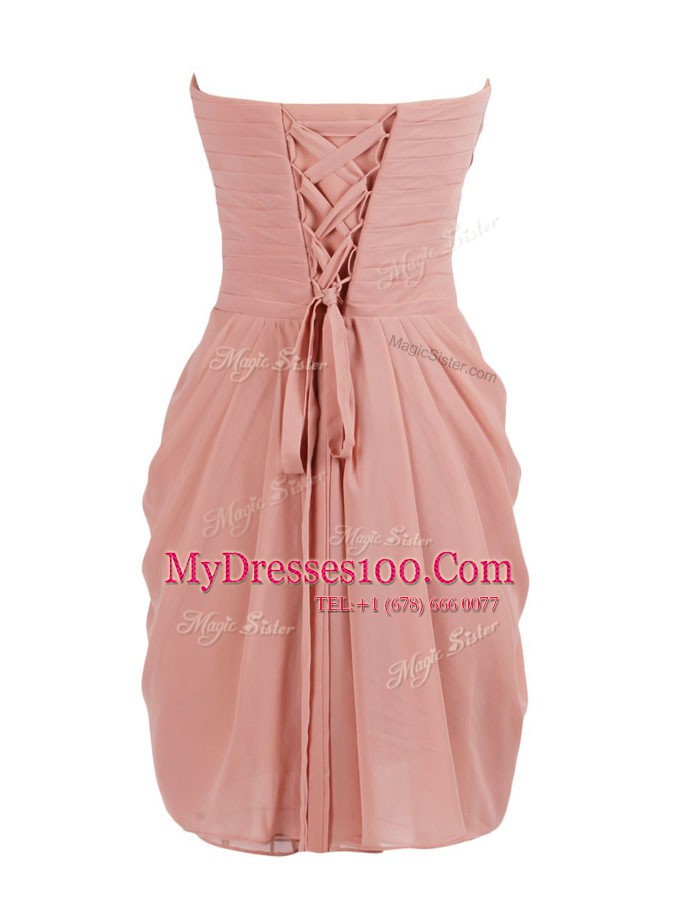 Fabulous Pink Column/Sheath Ruching Prom Party Dress Lace Up Chiffon Sleeveless Mini Length