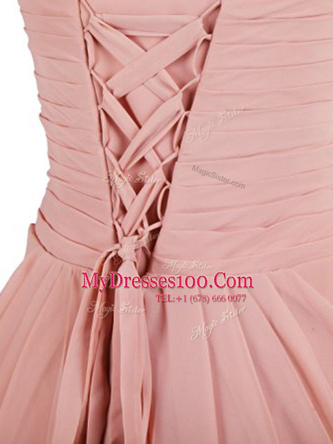 Fabulous Pink Column/Sheath Ruching Prom Party Dress Lace Up Chiffon Sleeveless Mini Length