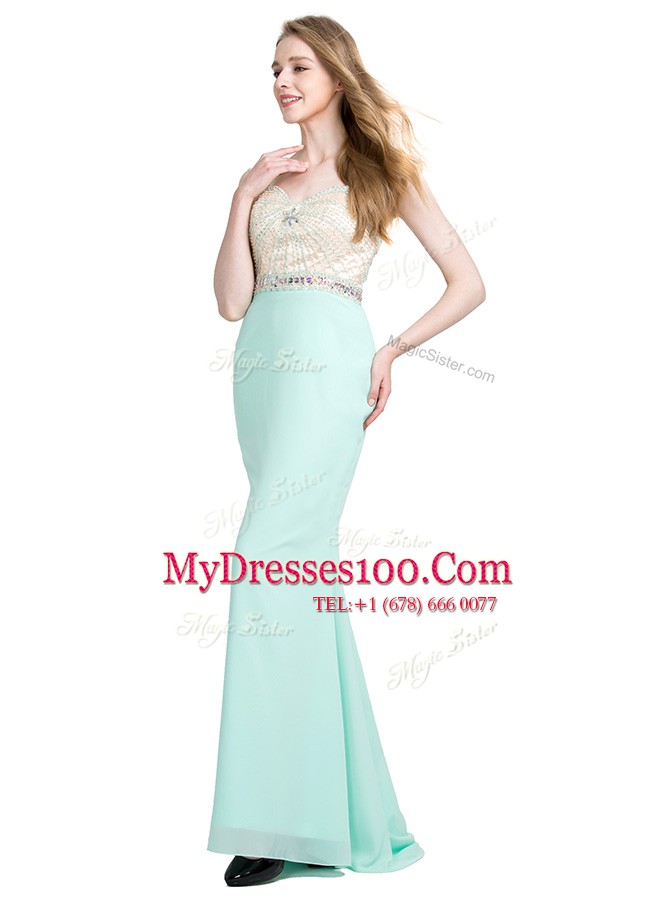 Criss Cross Spaghetti Straps Sleeveless With Brush Train Beading Apple Green Chiffon