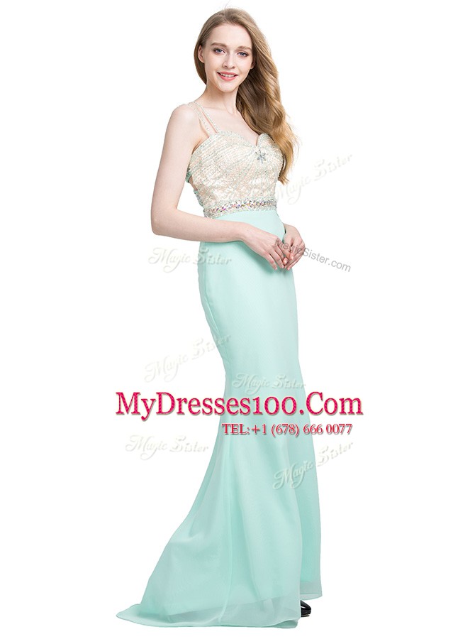 Criss Cross Spaghetti Straps Sleeveless With Brush Train Beading Apple Green Chiffon