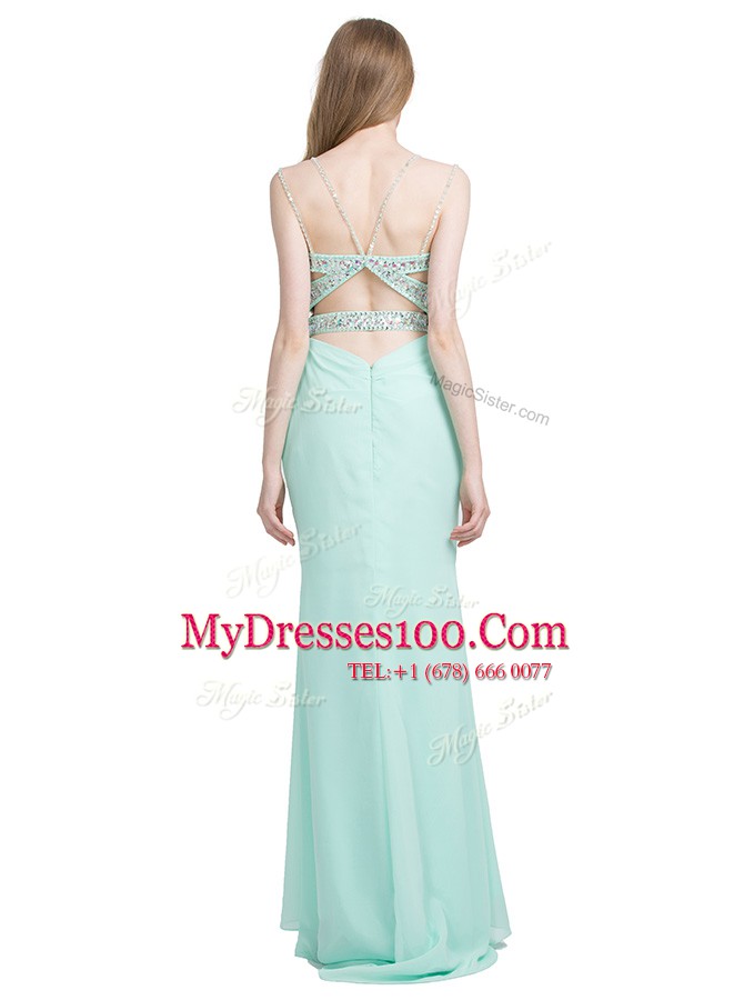 Criss Cross Spaghetti Straps Sleeveless With Brush Train Beading Apple Green Chiffon