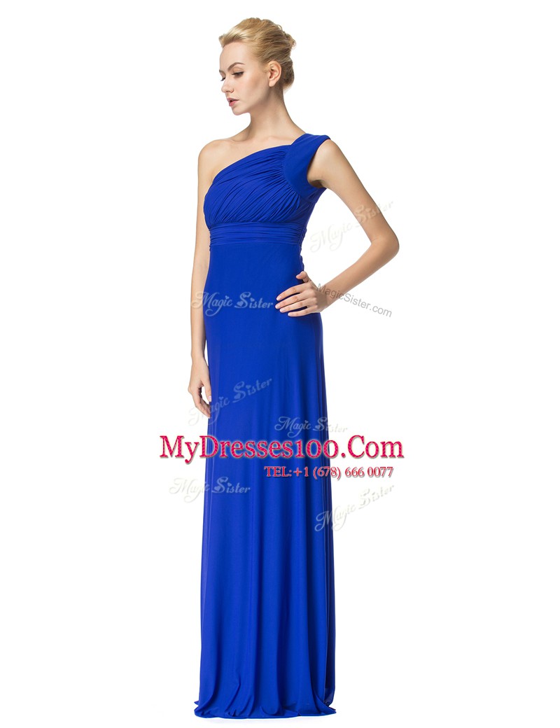 One Shoulder Sleeveless Floor Length Ruching Side Zipper Prom Gown with Royal Blue