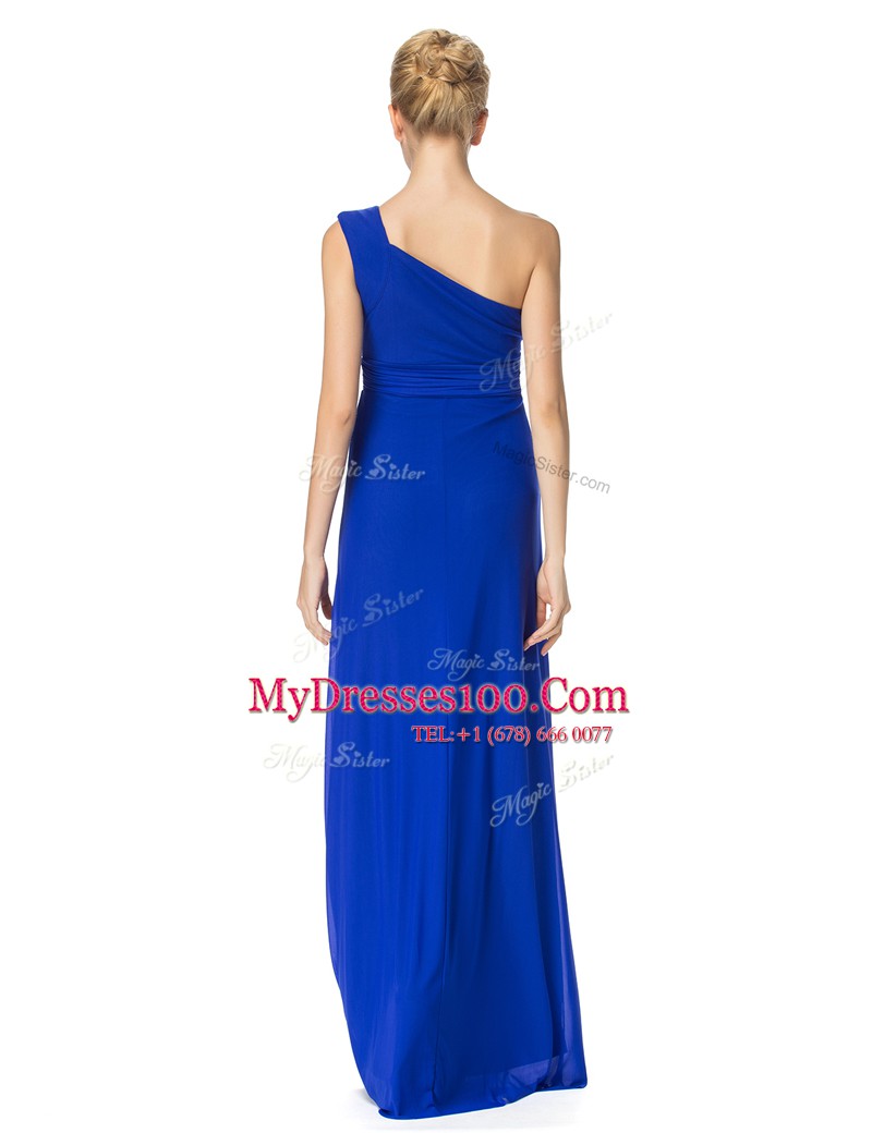 One Shoulder Sleeveless Floor Length Ruching Side Zipper Prom Gown with Royal Blue