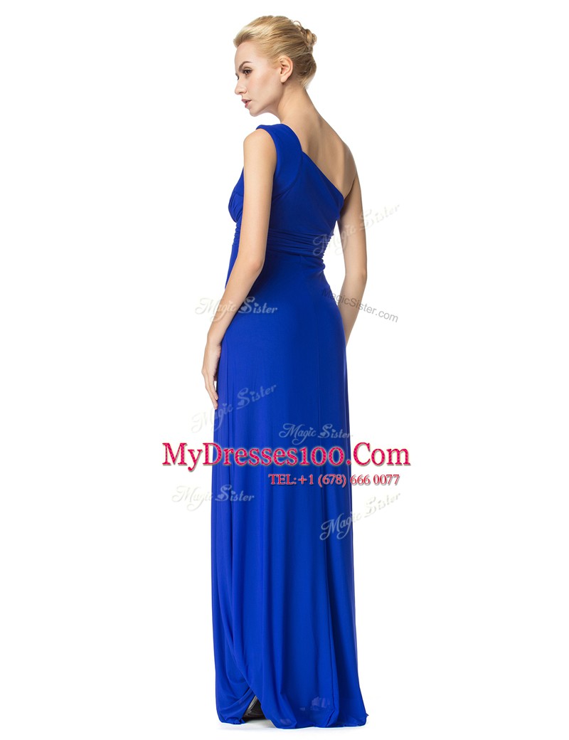 One Shoulder Sleeveless Floor Length Ruching Side Zipper Prom Gown with Royal Blue