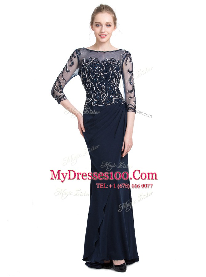 Ideal 3 4 Length Sleeve Chiffon Floor Length Zipper Mother Of The Bride Dress in Navy Blue with Beading and Appliques