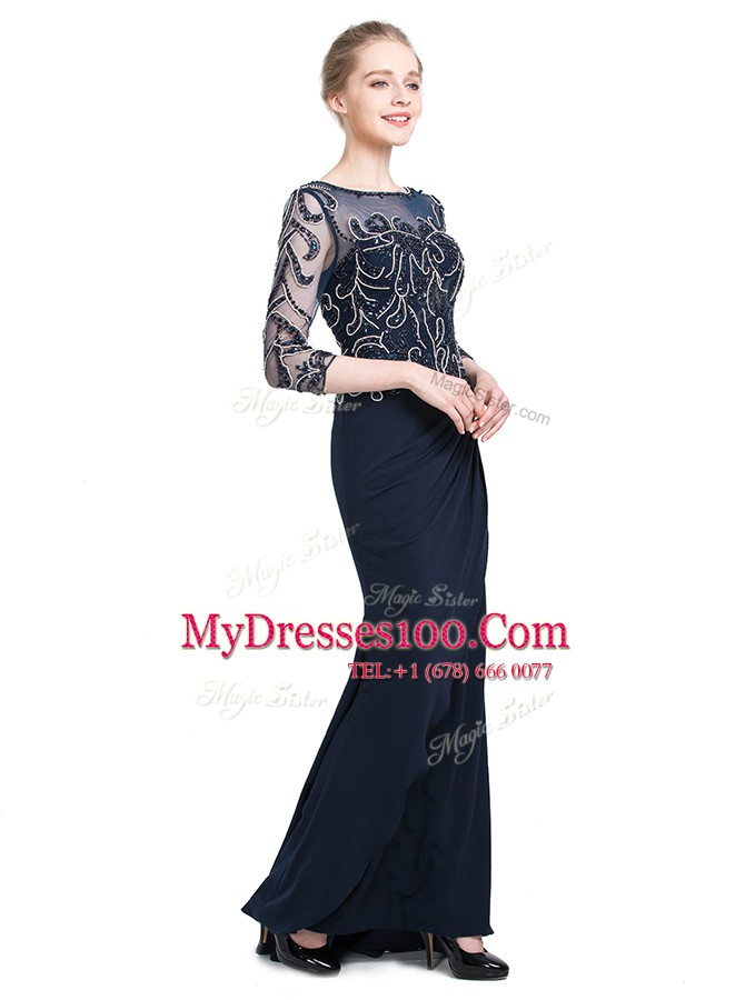 Ideal 3 4 Length Sleeve Chiffon Floor Length Zipper Mother Of The Bride Dress in Navy Blue with Beading and Appliques
