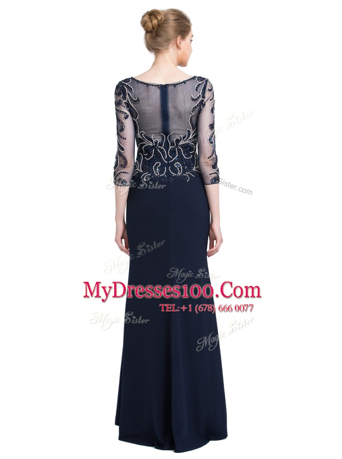 Ideal 3 4 Length Sleeve Chiffon Floor Length Zipper Mother Of The Bride Dress in Navy Blue with Beading and Appliques