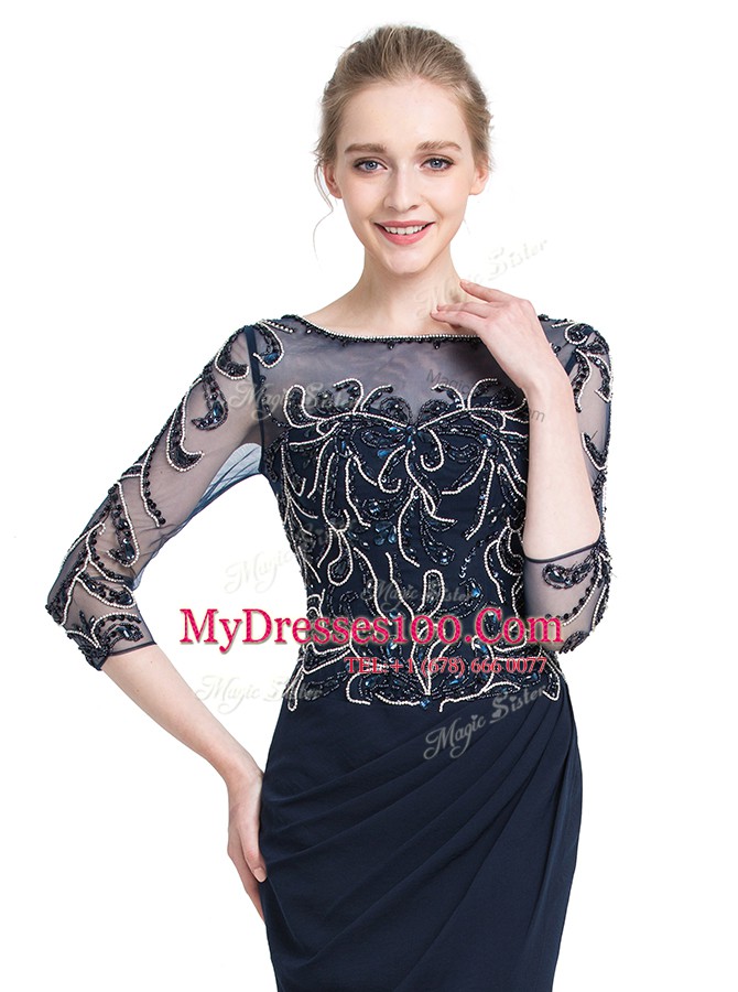 Ideal 3 4 Length Sleeve Chiffon Floor Length Zipper Mother Of The Bride Dress in Navy Blue with Beading and Appliques