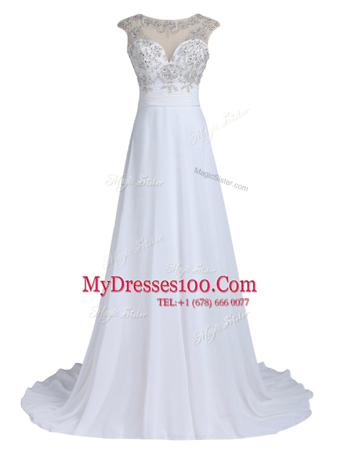 Scoop With Train White Prom Evening Gown Chiffon Brush Train Sleeveless Beading