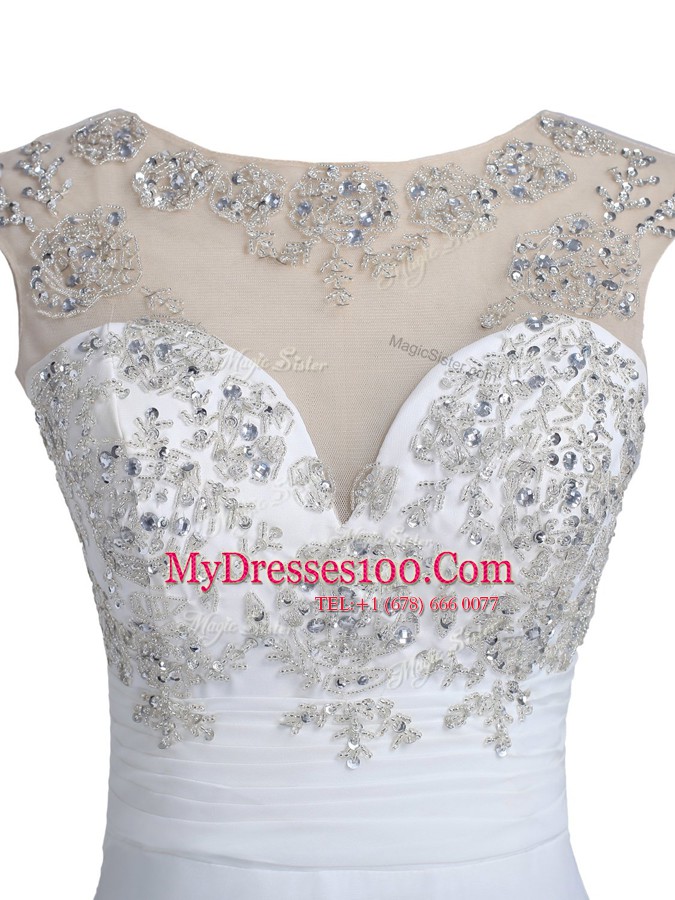 Scoop With Train White Prom Evening Gown Chiffon Brush Train Sleeveless Beading