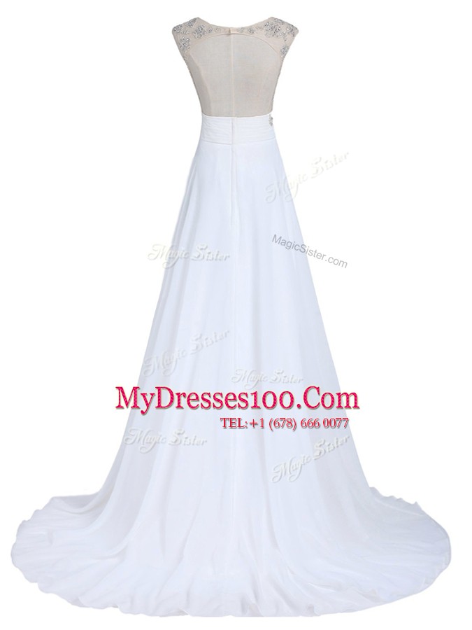 Scoop With Train White Prom Evening Gown Chiffon Brush Train Sleeveless Beading