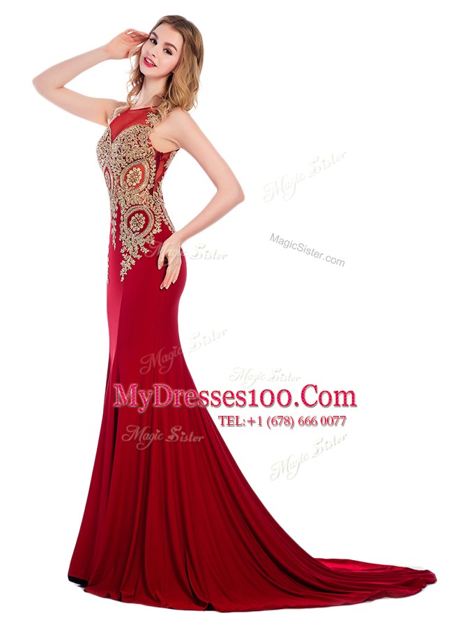 Inexpensive Scoop Sleeveless Elastic Woven Satin Prom Party Dress Lace and Appliques Brush Train Side Zipper