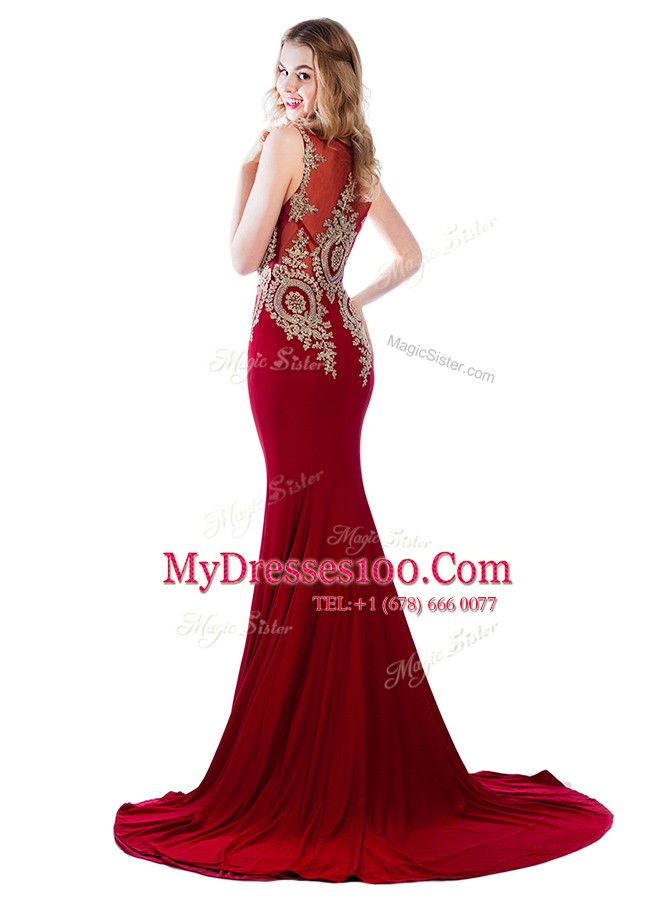 Inexpensive Scoop Sleeveless Elastic Woven Satin Prom Party Dress Lace and Appliques Brush Train Side Zipper
