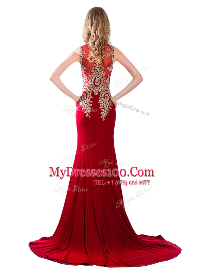 Inexpensive Scoop Sleeveless Elastic Woven Satin Prom Party Dress Lace and Appliques Brush Train Side Zipper