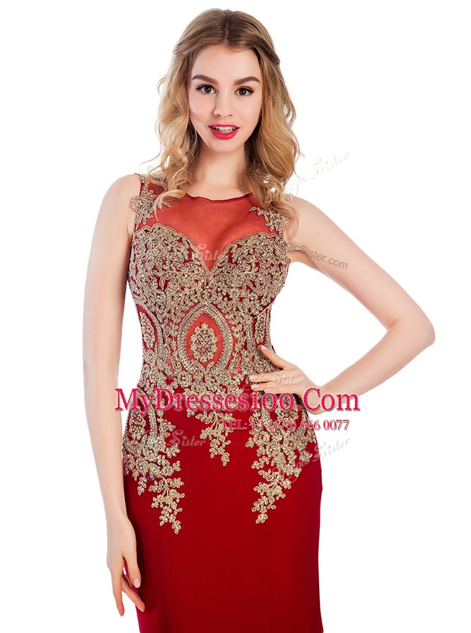 Inexpensive Scoop Sleeveless Elastic Woven Satin Prom Party Dress Lace and Appliques Brush Train Side Zipper