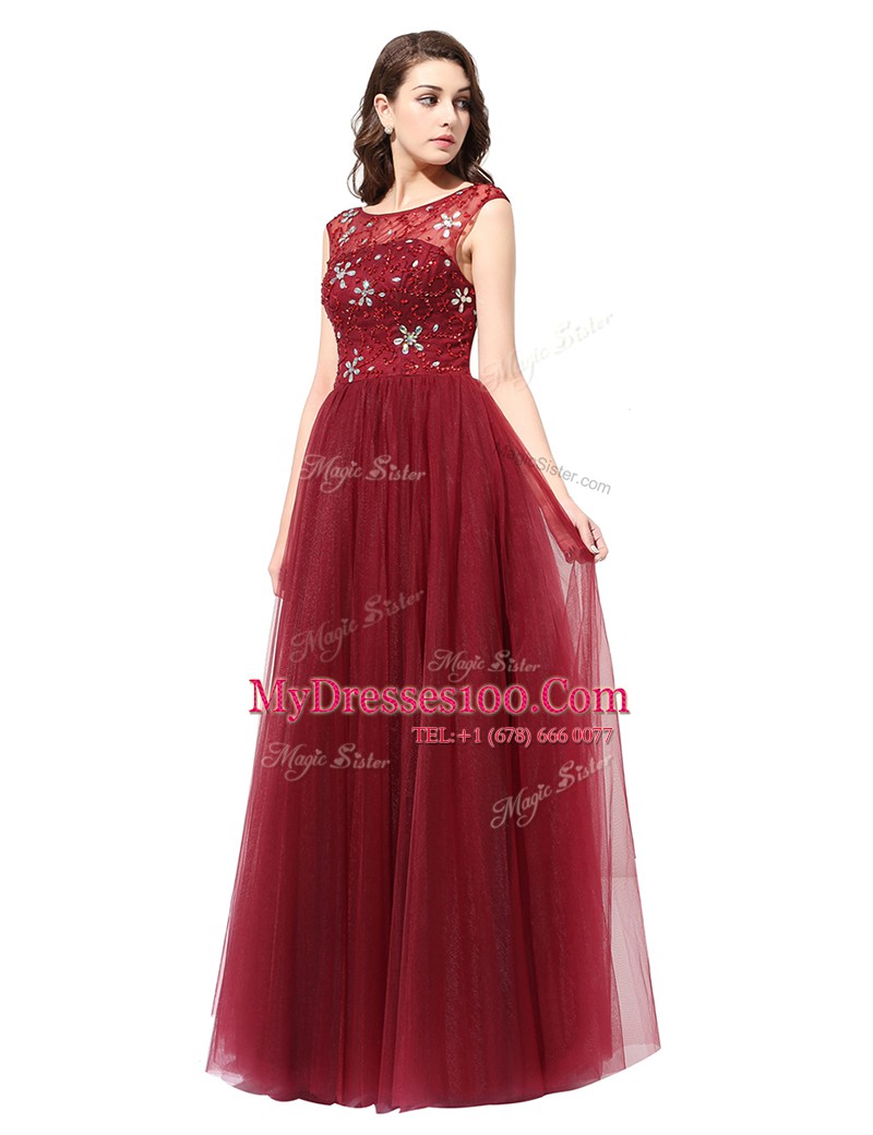 Comfortable Scoop Burgundy Sleeveless Beading Floor Length Prom Dress