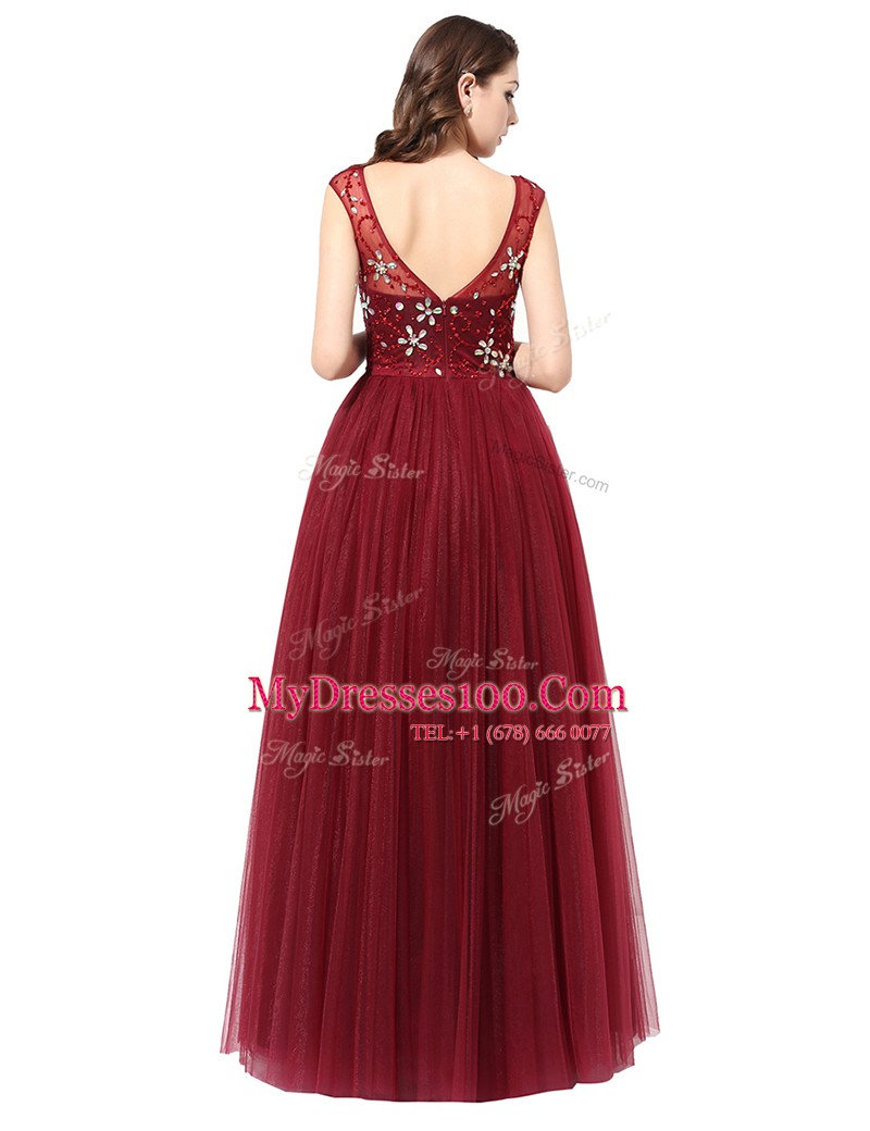 Comfortable Scoop Burgundy Sleeveless Beading Floor Length Prom Dress