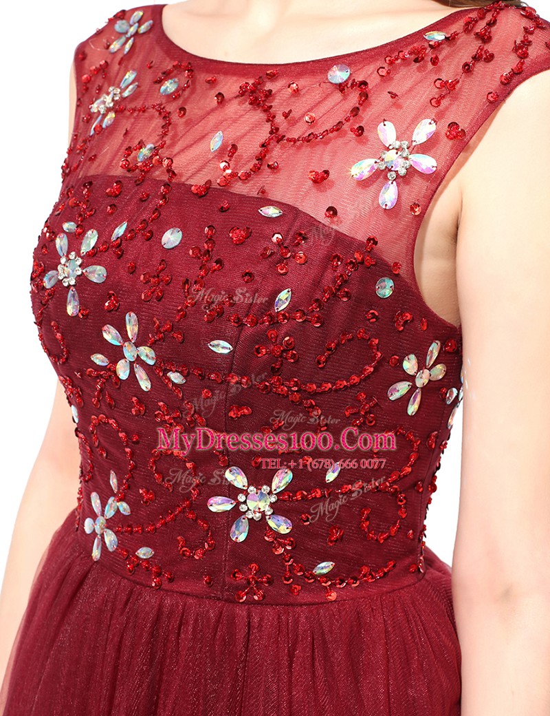 Comfortable Scoop Burgundy Sleeveless Beading Floor Length Prom Dress
