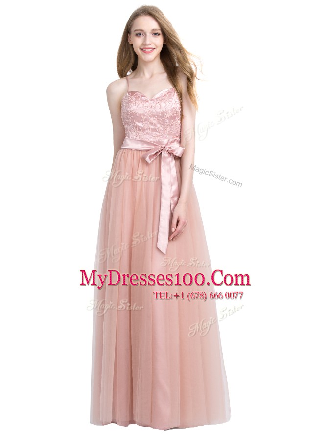 Beauteous Spaghetti Straps Sleeveless Prom Gown Floor Length Beading Pink Tulle