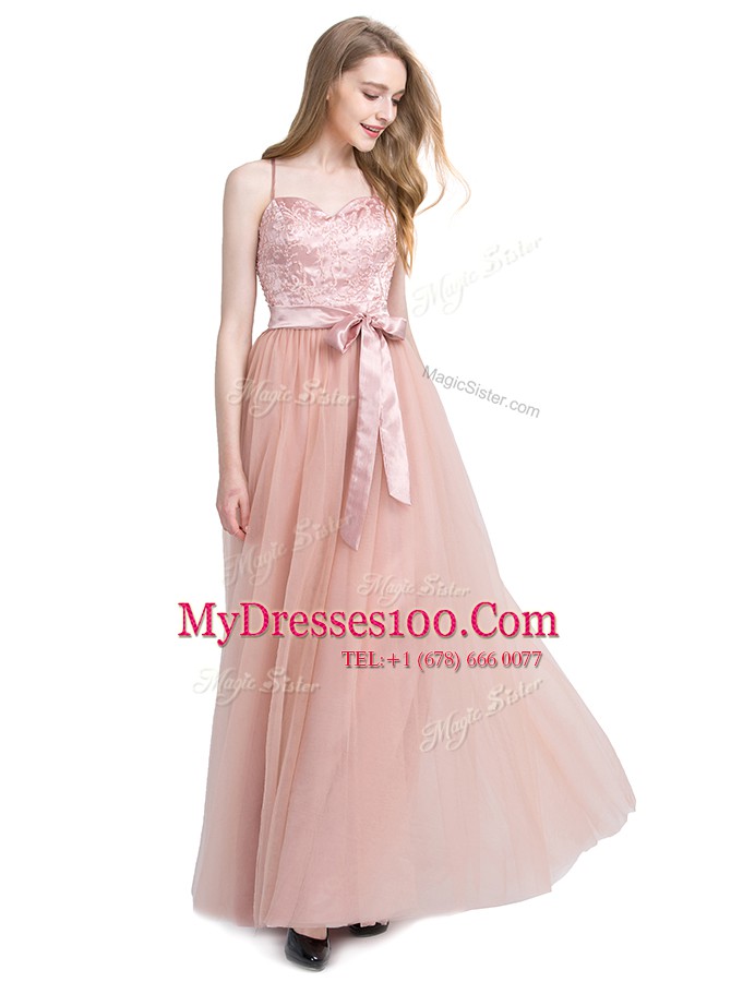 Beauteous Spaghetti Straps Sleeveless Prom Gown Floor Length Beading Pink Tulle