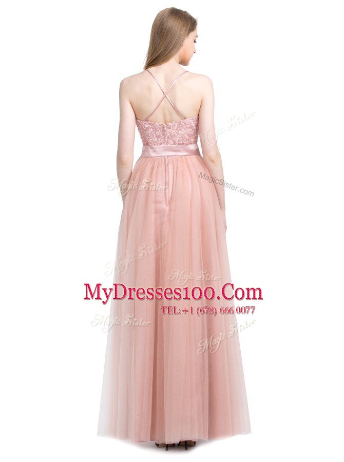 Beauteous Spaghetti Straps Sleeveless Prom Gown Floor Length Beading Pink Tulle